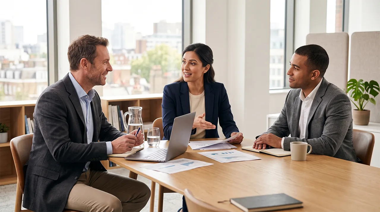 Franchise resale broker introducing a prospective buyer to a franchisor in a professional meeting