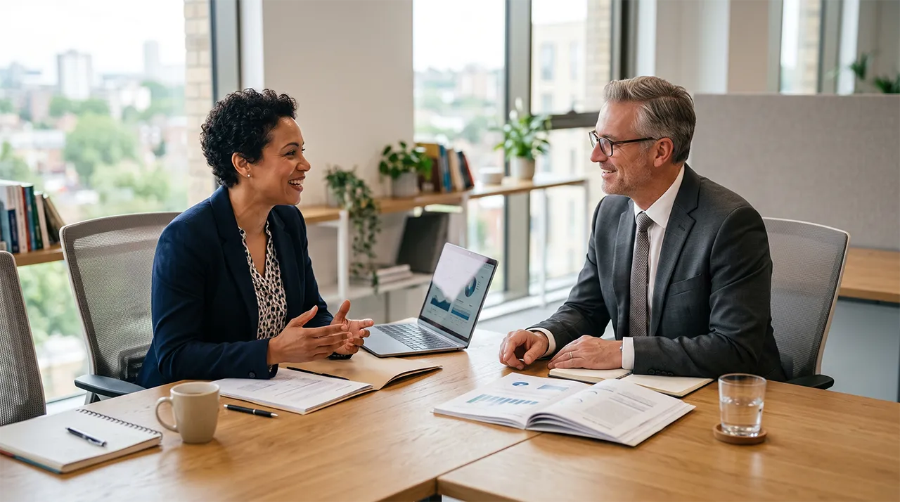 Franchise seller and specialist resale broker discussing buyer qualification in a professional meeting