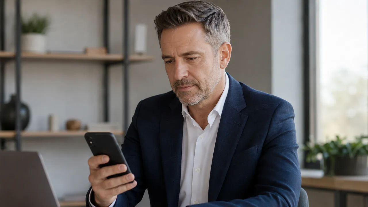 Business professional responding quickly to a franchise resale buyer enquiry on their phone