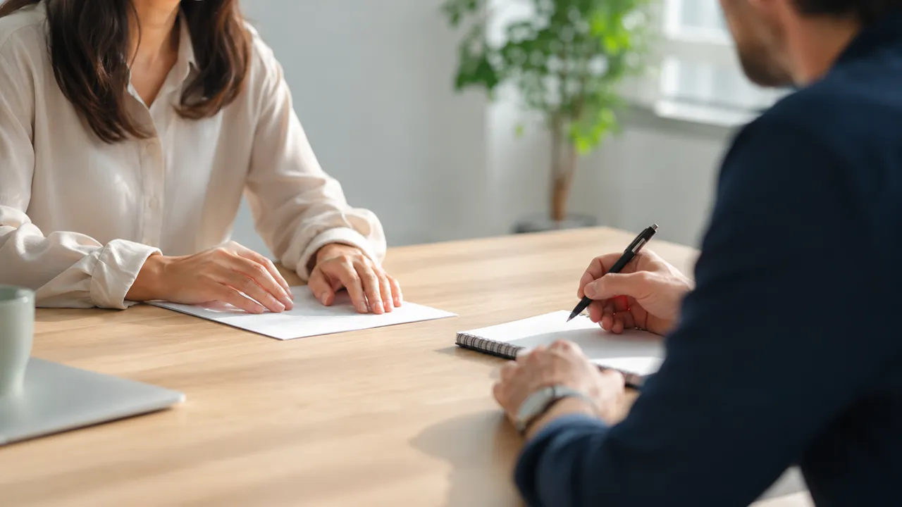 A franchise seller and prospective buyer in discussion across a meeting table, representing the franchise resale conversation process