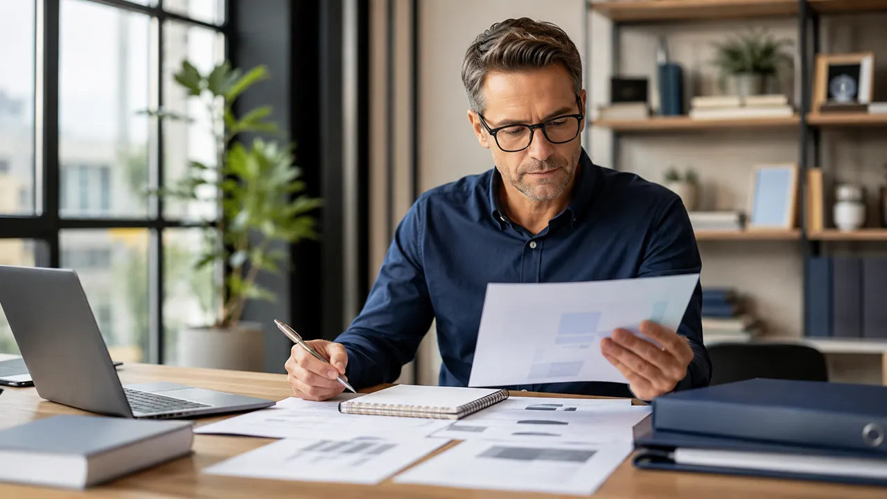 Franchise seller reviewing business performance data before marketing a franchise resale