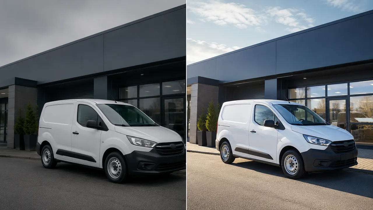 Comparison of dull versus professional photography for a franchise resale advert