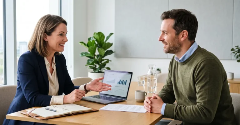 Franchise resale broker in a consultation with a franchisee seller, discussing the resale process
