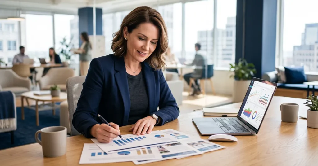 How to market your franchise resale: seller reviewing marketing materials and financial charts