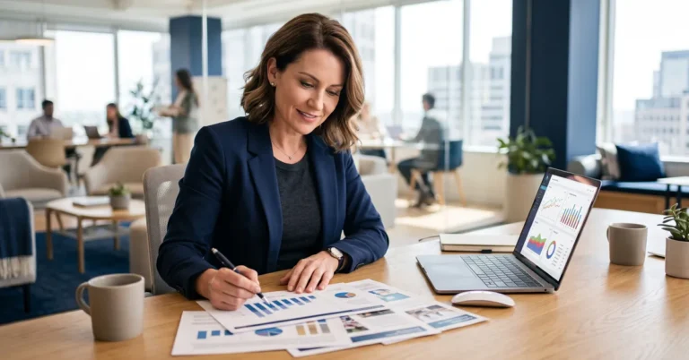 How to market your franchise resale: seller reviewing marketing materials and financial charts
