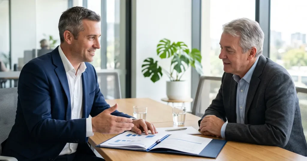 A specialist franchise broker in discussion with a franchise seller, reviewing resale documents together in a professional office meeting room