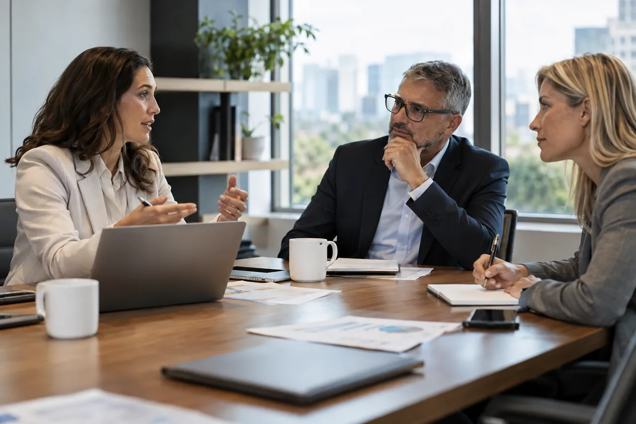 A franchise resale broker in conversation with a franchisee and franchisor representative, reflecting the collaboration needed to keep a franchise resale moving forward