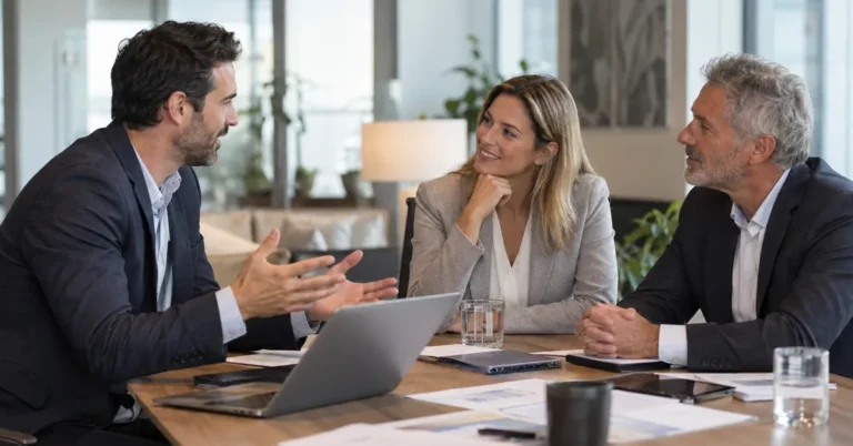 A franchise resale adviser presenting marketing and valuation data to a franchisee and colleague, discussing how to refresh a stalled franchise resale
