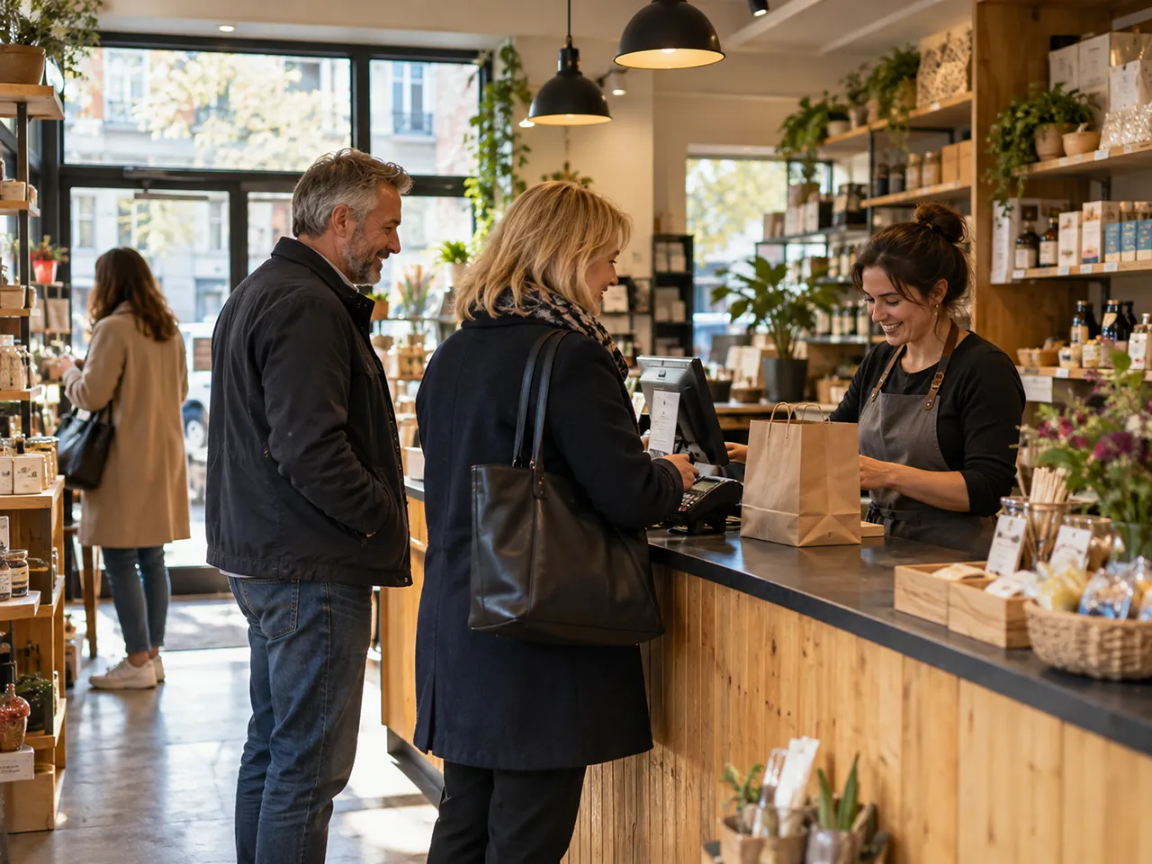 Customers being served at a busy franchise shop counter, reflecting a healthy, trading business rather than a struggling one
